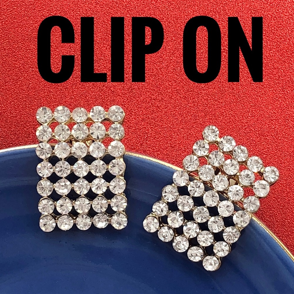 Clear Rhinestone Formal Gold Clip On Earrings